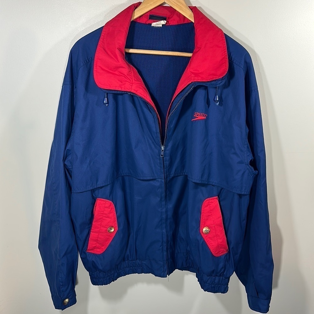 {Speedo} Vintage Blue/Red Windbreaker 90's Swimmer Jacket Full Zip Vented